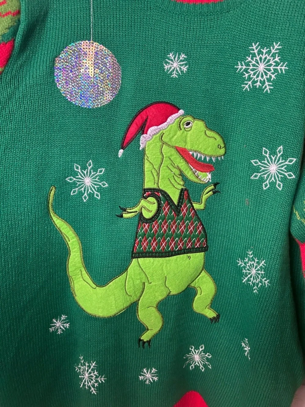 Green Holiday T-Rex Crewneck Sweater by Jolly Sweaters disco Dino dinosaur